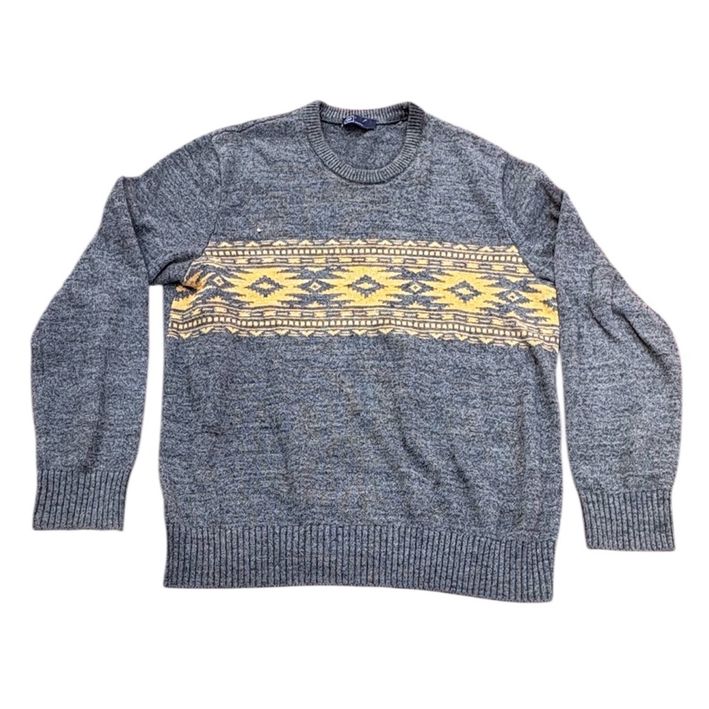 Gap Men’s Large Gray With Yellow Southwest Design Crew Neck Pullover Sweater